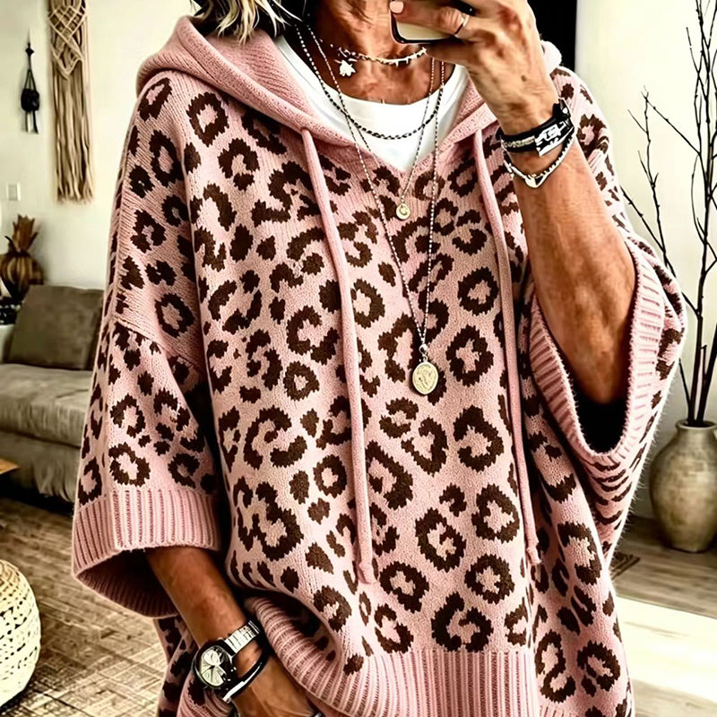 Leopard-print hooded knit sweatshirt/jacket (loose fit)