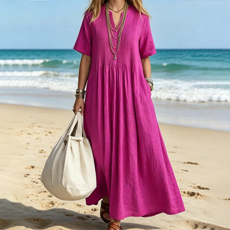 New Loose-Fit Cotton-Linen V-Neck Short-Sleeve Pleated Dress