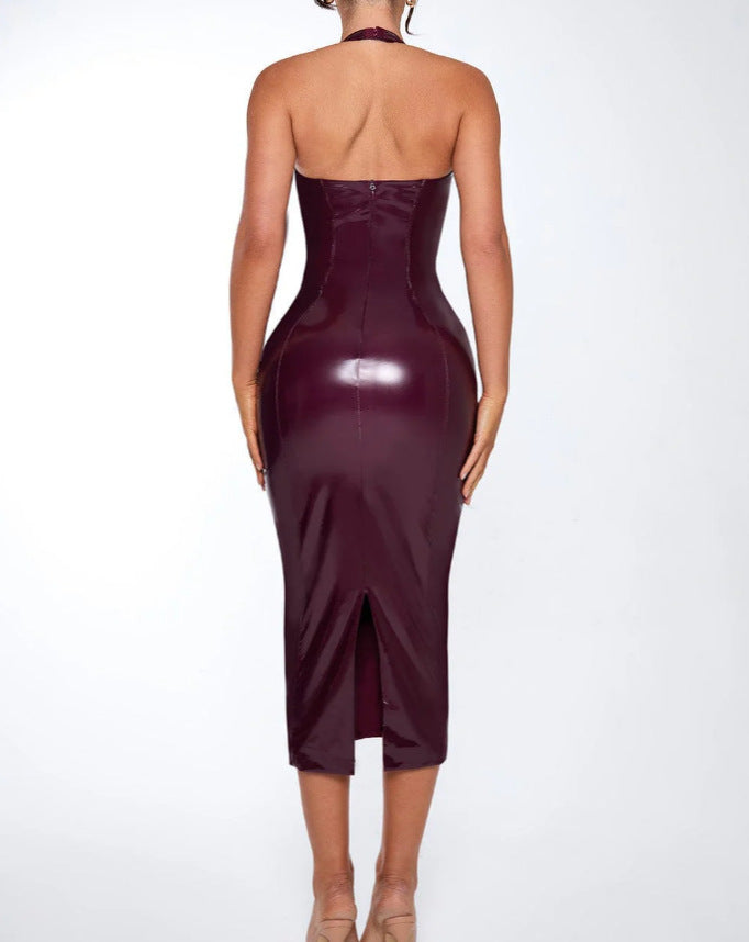 Leather Halter Sleeveless Fitted Hip Dress