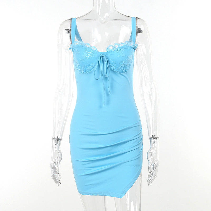 New sexy V-neck lace-trimmed slit backless dress