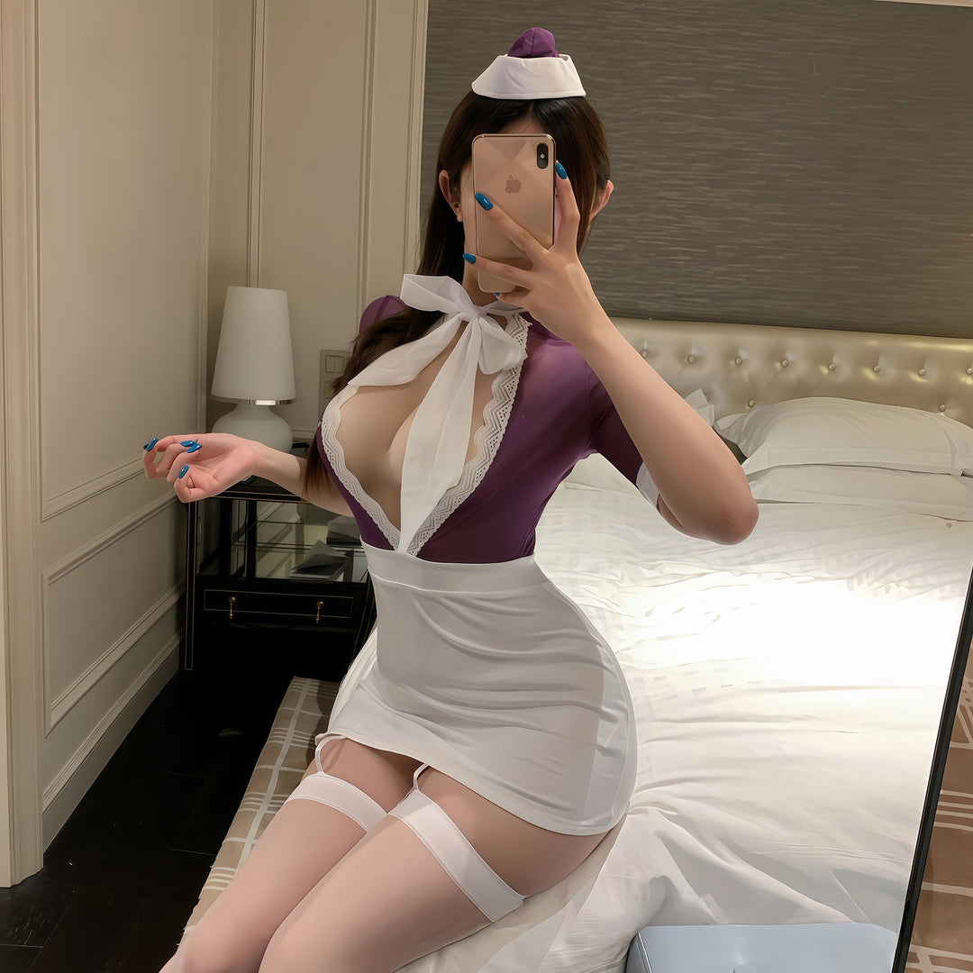 Lace deep-V-neck flight attendant uniform paired with a form-fitting skirt