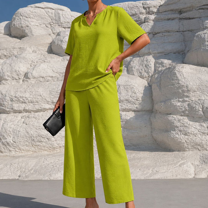 Solid-color V-neck short-sleeved top and cropped wide-leg pants set