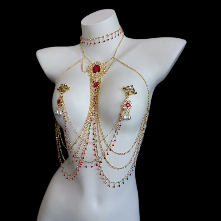 Red Multi-Layer Rhinestone Body Chain/Waist Chain