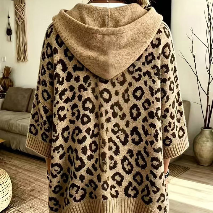 Leopard-print hooded knit sweatshirt/jacket (loose fit)