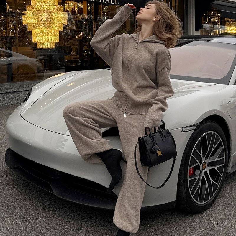 Collared knit top with two-way zipper and wide-leg trousers set
