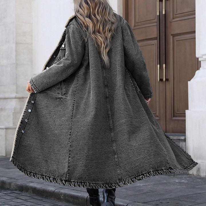 Oversized, long-line, fleece-lined denim jacket