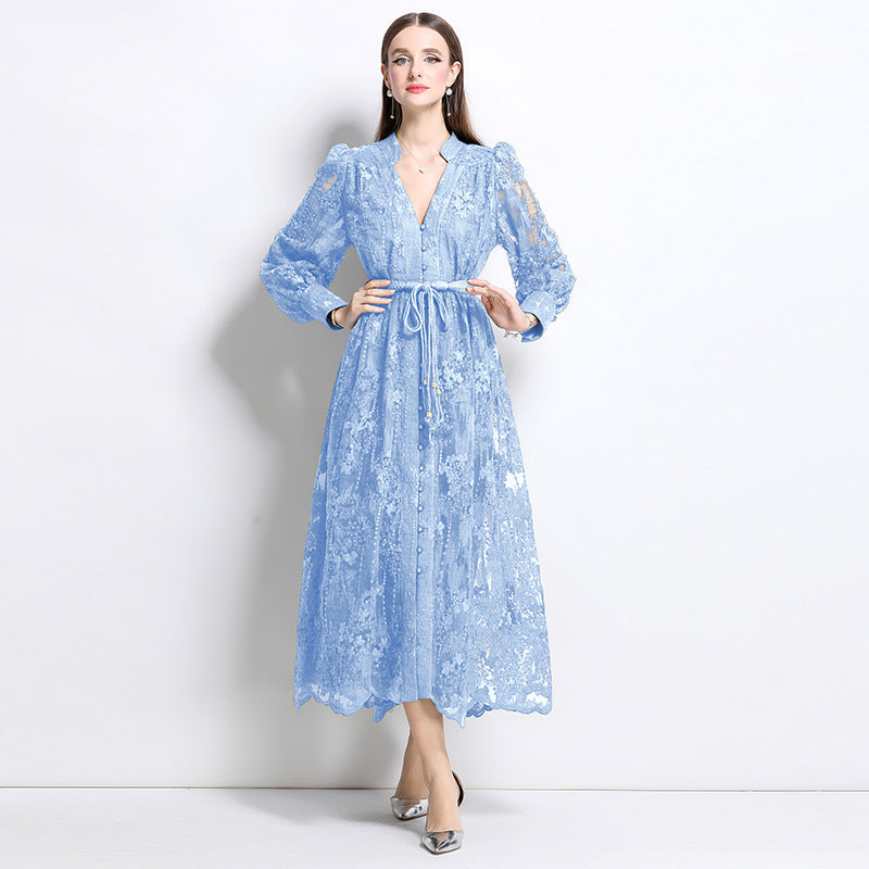 French-style embroidered V-neck dress with lantern sleeves