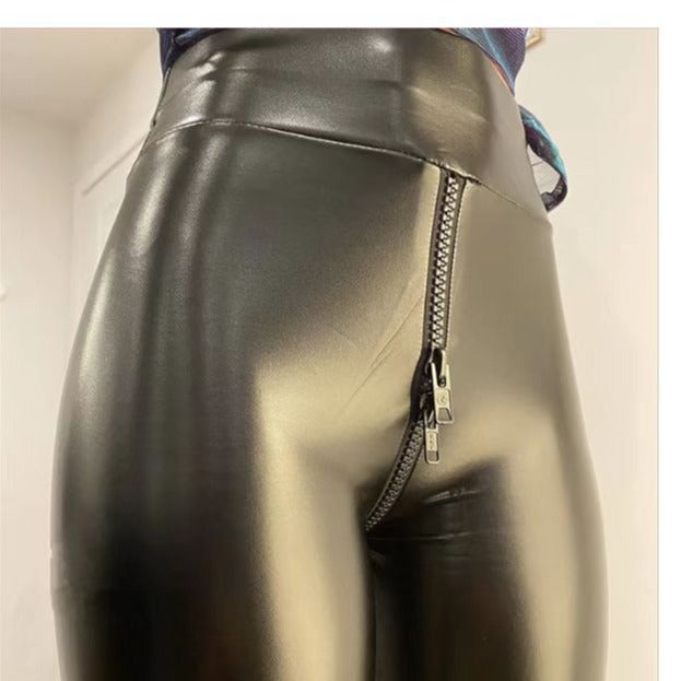 Sexy matte PC leather open crotch pants