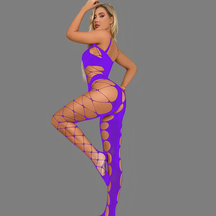Open-crotch, strappy, sheer mesh bodysuit