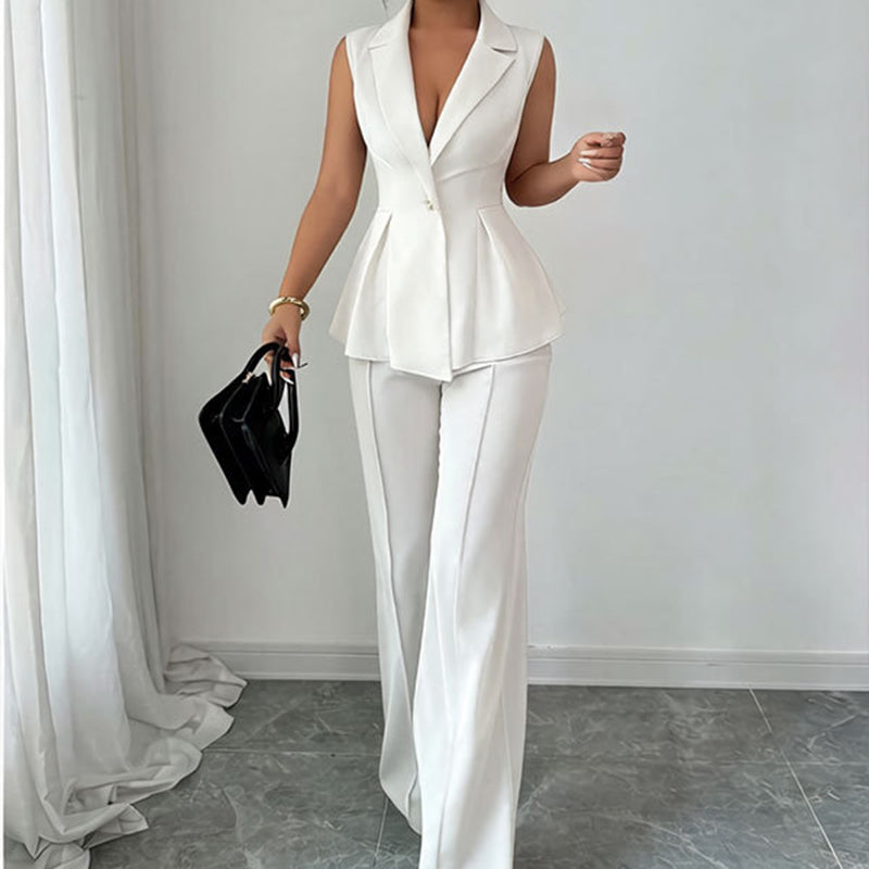Stylish Deep V-Neck Sleeveless Pleated Top and Wide-Leg Pants Set