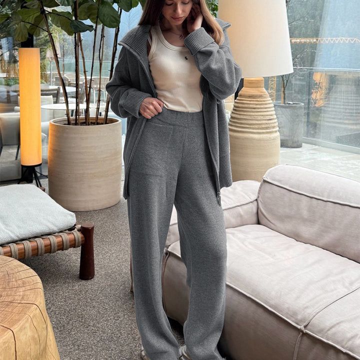 Collared knit top with two-way zipper and wide-leg trousers set