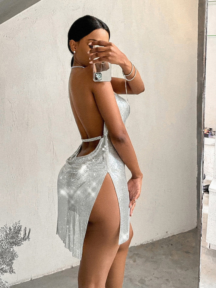 New backless metallic sequined spaghetti strap dress