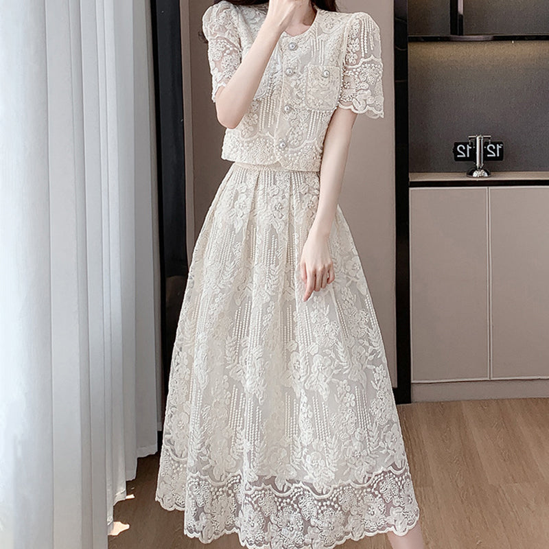 Beaded lace top and high-waisted, full-skirted midi skirt set