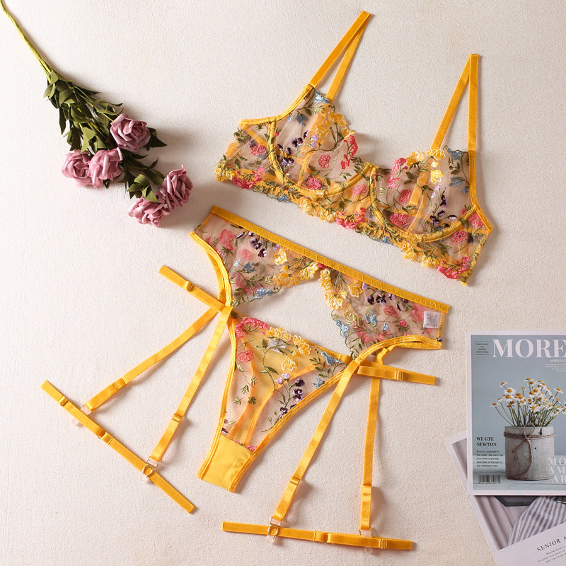 Sexy pastoral floral print lingerie three-piece set