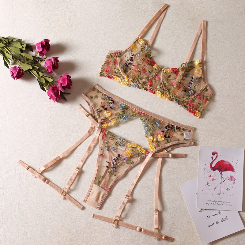 Sexy pastoral floral print lingerie three-piece set
