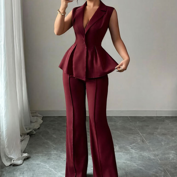 Stylish Deep V-Neck Sleeveless Pleated Top and Wide-Leg Pants Set