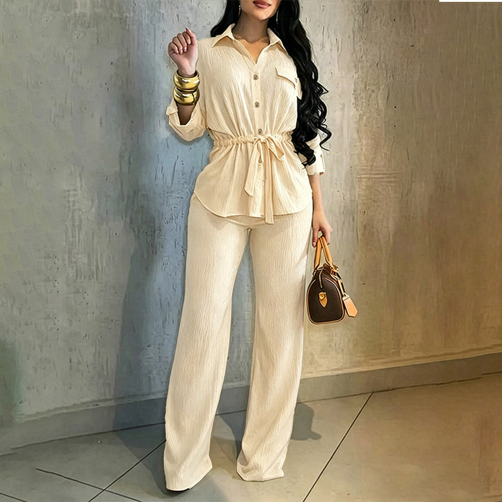 Women’s Collared Drawstring Top and Wide-Leg Pants Set