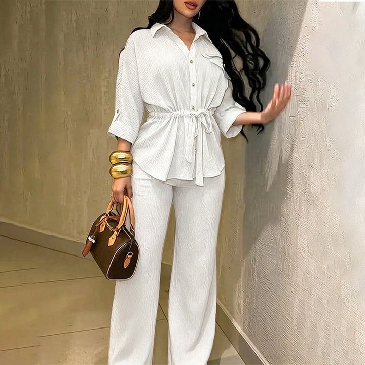 Women’s Collared Drawstring Top and Wide-Leg Pants Set