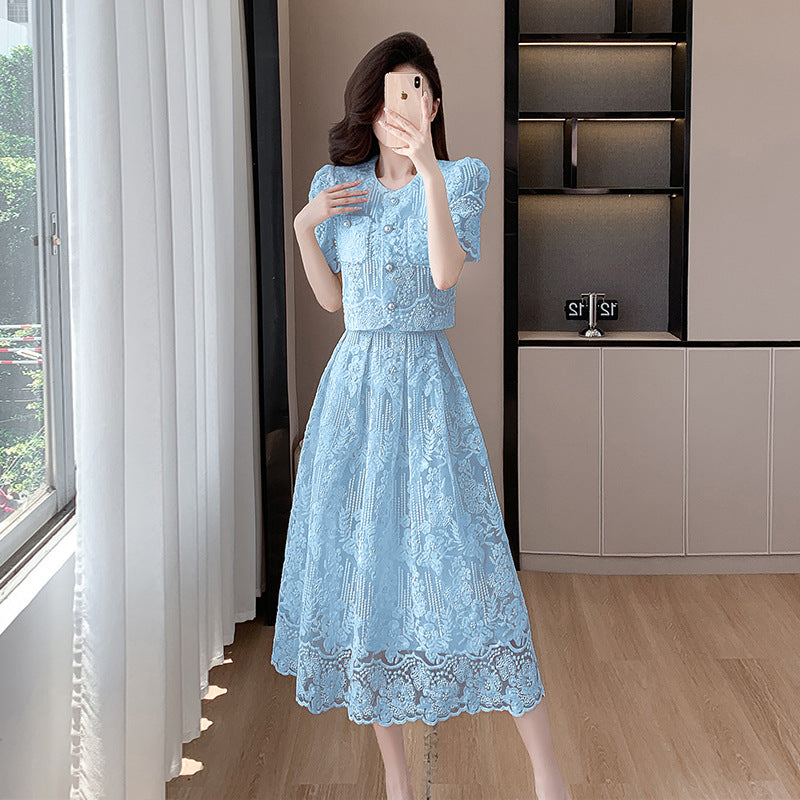 Beaded lace top and high-waisted, full-skirted midi skirt set