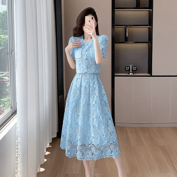 Beaded lace top and high-waisted, full-skirted midi skirt set