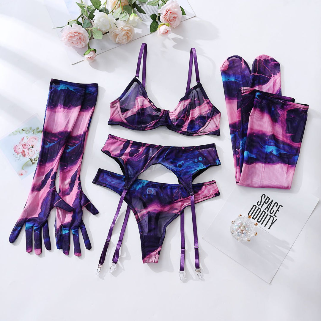 5-piece sexy lingerie set with gloves, stockings, and mesh print