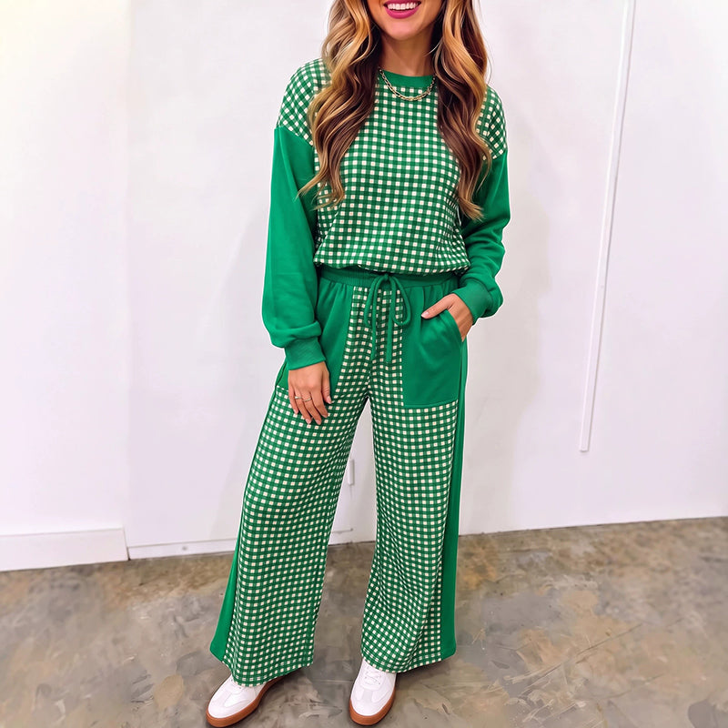 Plaid-paneled crew-neck top and drawstring wide-leg trousers
