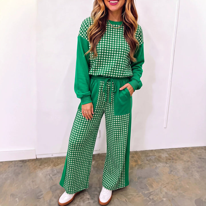 Plaid-paneled crew-neck top and drawstring wide-leg trousers