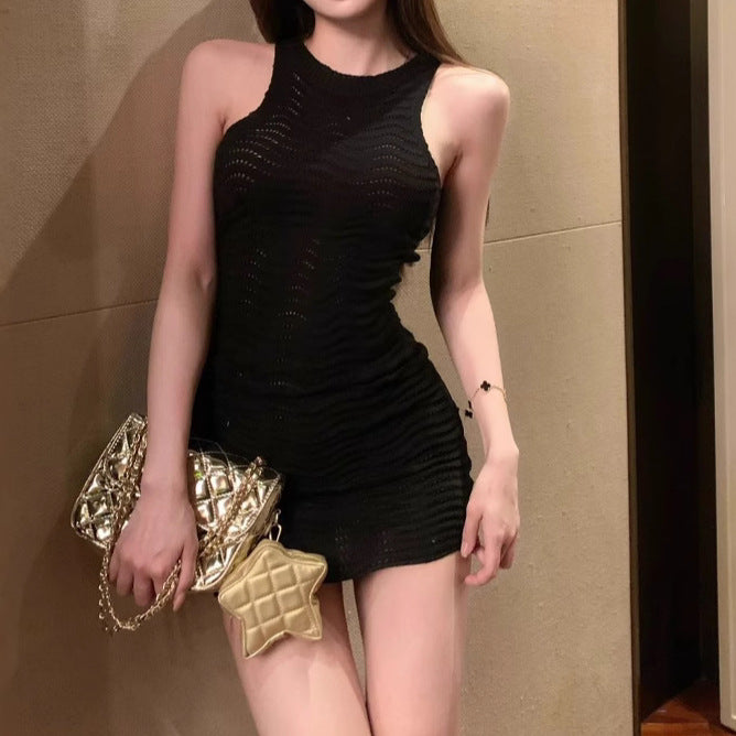 Openwork knit vest bodycon mini skirt