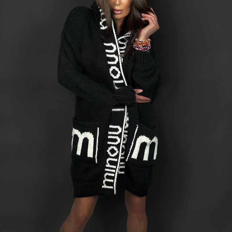 New Autumn/Winter Long Hooded Letter-Pattern Knit Cardigan