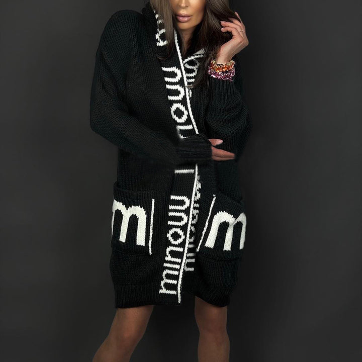 New Autumn/Winter Long Hooded Letter-Pattern Knit Cardigan