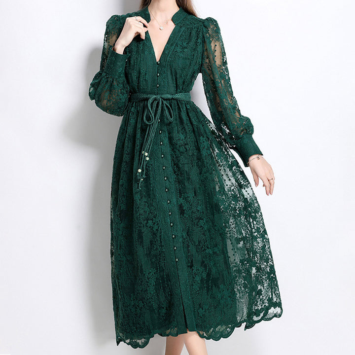 French-style embroidered V-neck dress with lantern sleeves
