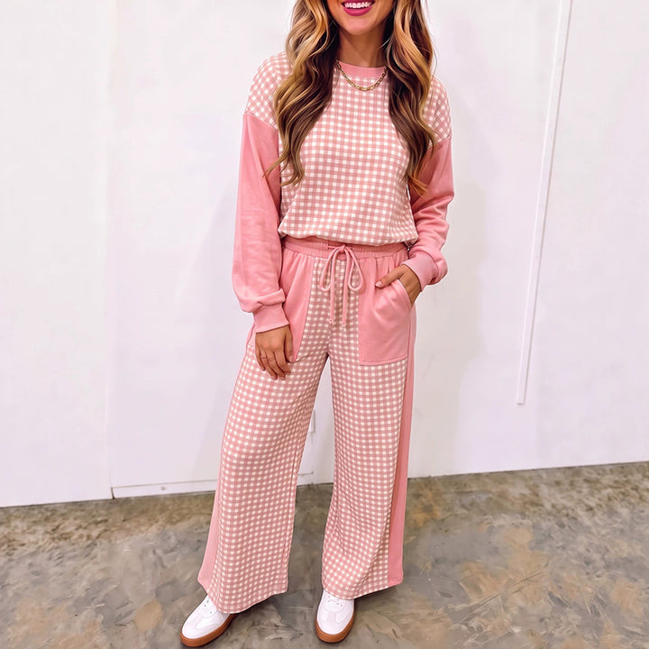 Plaid-paneled crew-neck top and drawstring wide-leg trousers