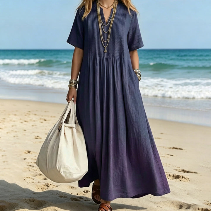 New Loose-Fit Cotton-Linen V-Neck Short-Sleeve Pleated Dress