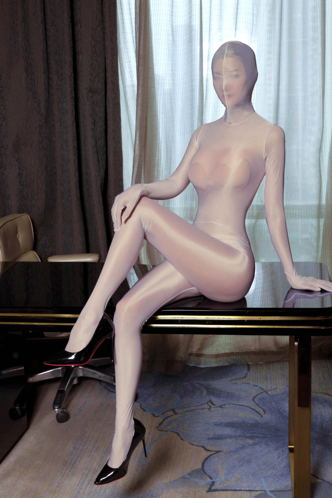 Shiny, full-coverage, open-crotch stockings with a zipper.