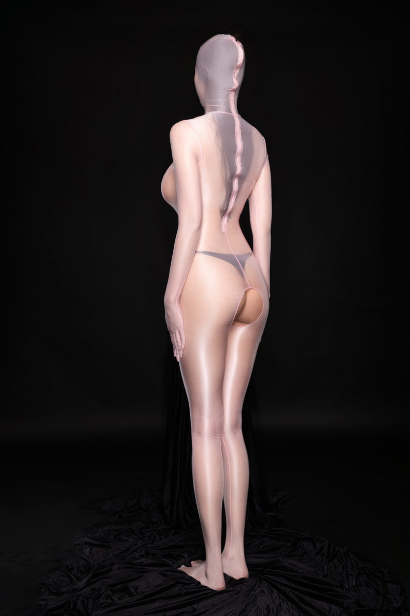 Shiny, full-coverage, open-crotch stockings with a zipper.