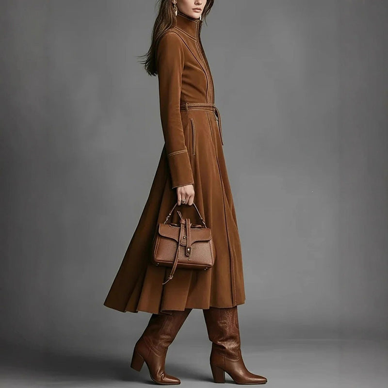Elegant vintage-style faux suede zip-front maxi skirt
