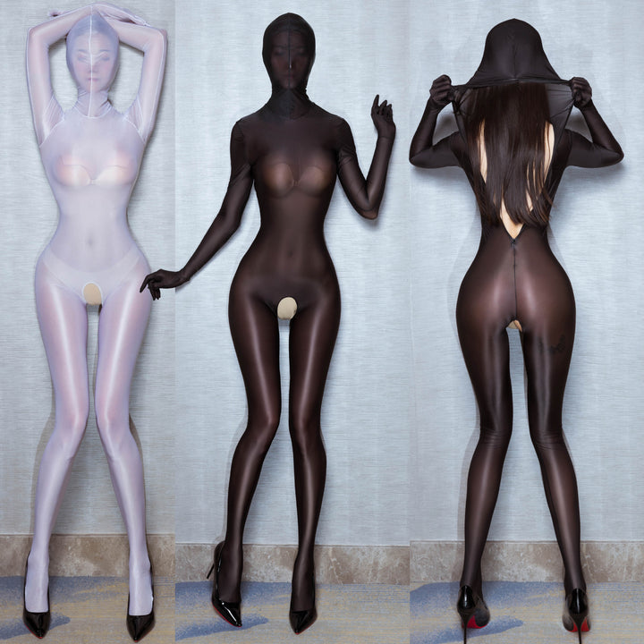 Shiny, full-coverage, open-crotch stockings with a zipper.