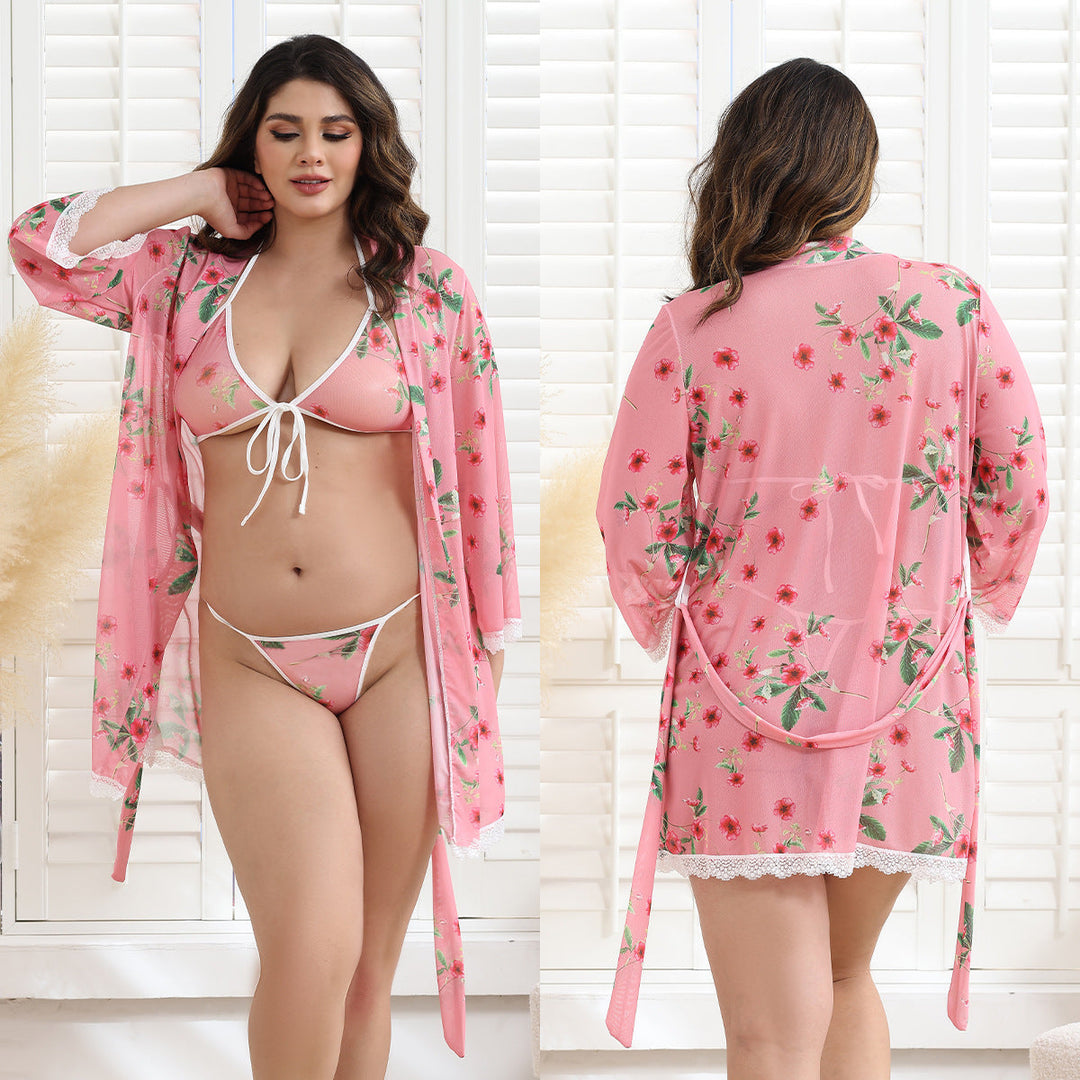 Sexy suspender bathrobe nightdress three-piece set