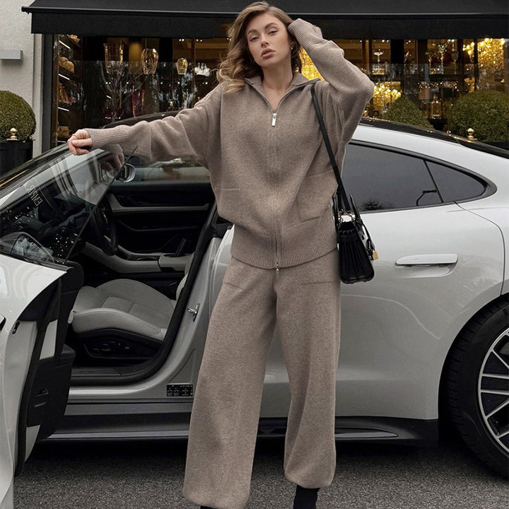 Collared knit top with two-way zipper and wide-leg trousers set