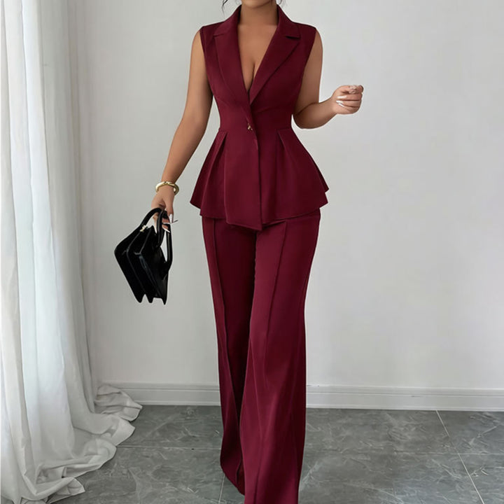 Stylish Deep V-Neck Sleeveless Pleated Top and Wide-Leg Pants Set