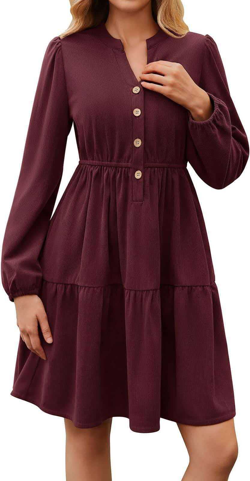 New Long-Sleeve V-Neck Corduroy Dress with Elastic Waist
