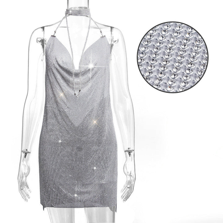 Hot selling metal sequin slip dress with diamond chain