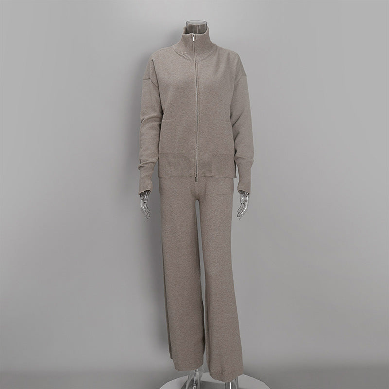 Collared knit top with two-way zipper and wide-leg trousers set