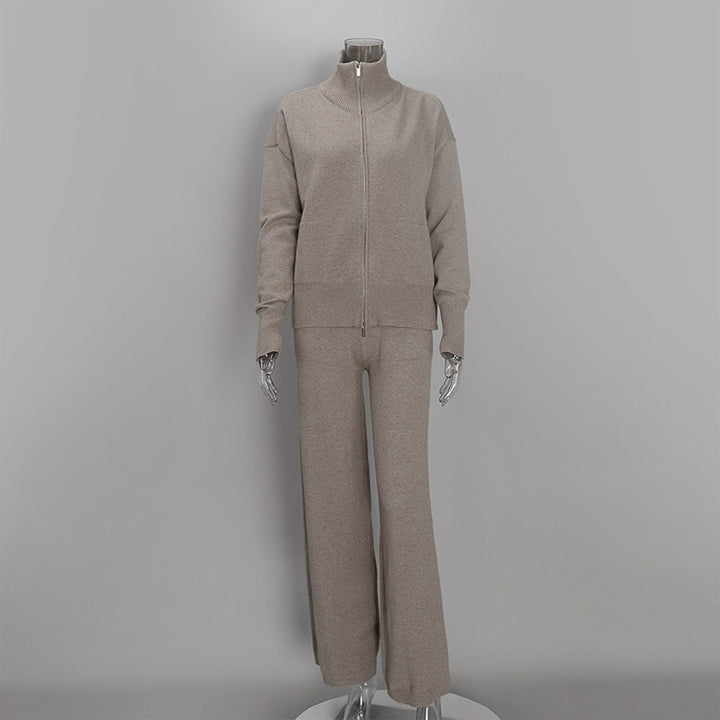 Collared knit top with two-way zipper and wide-leg trousers set