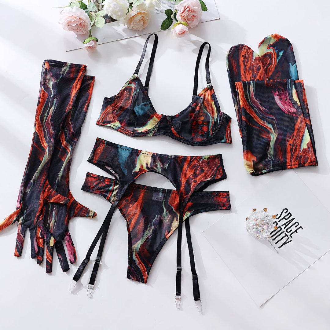 5-piece sexy lingerie set with gloves, stockings, and mesh print