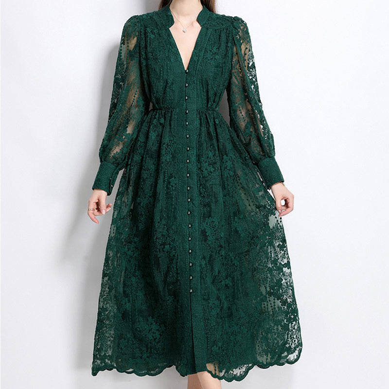 French-style embroidered V-neck dress with lantern sleeves