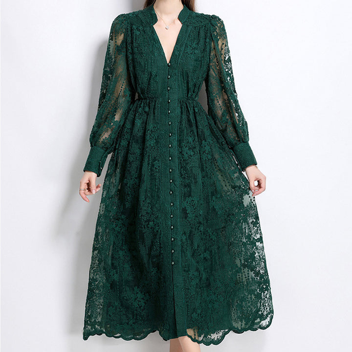 French-style embroidered V-neck dress with lantern sleeves