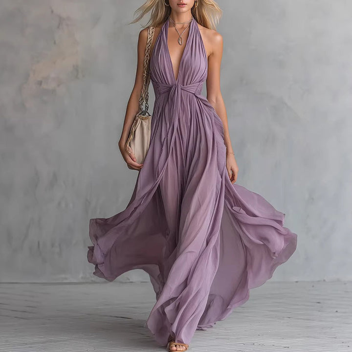 New sexy solid-color V-neck sleeveless waist-cinching dress