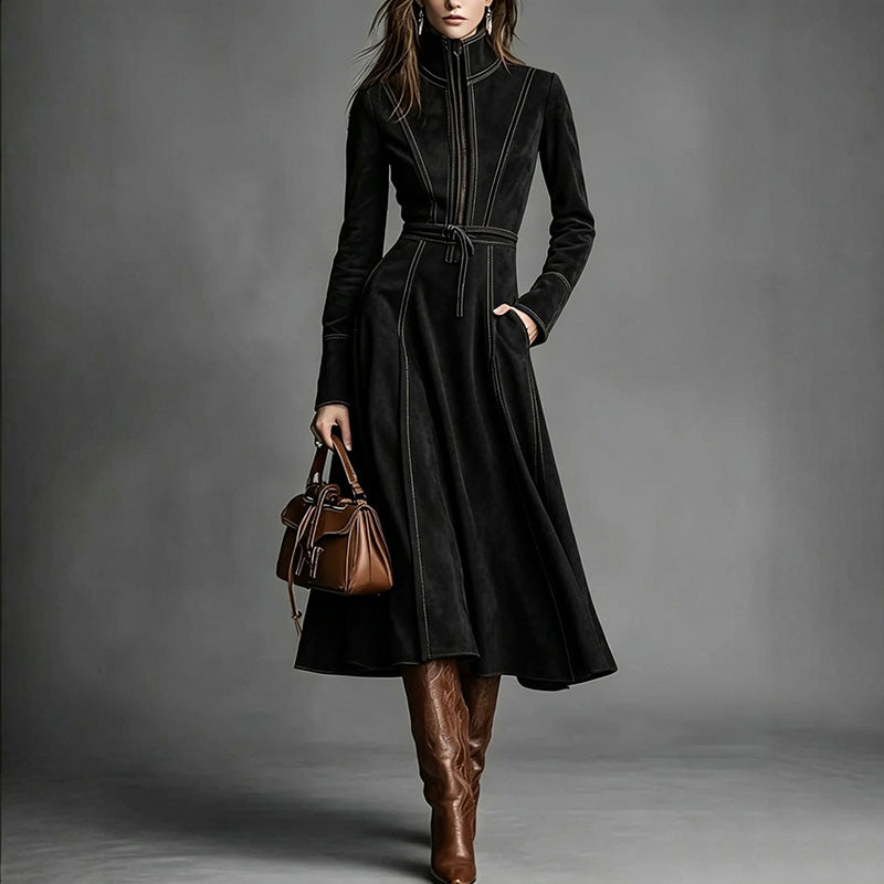 Elegant vintage-style faux suede zip-front maxi skirt
