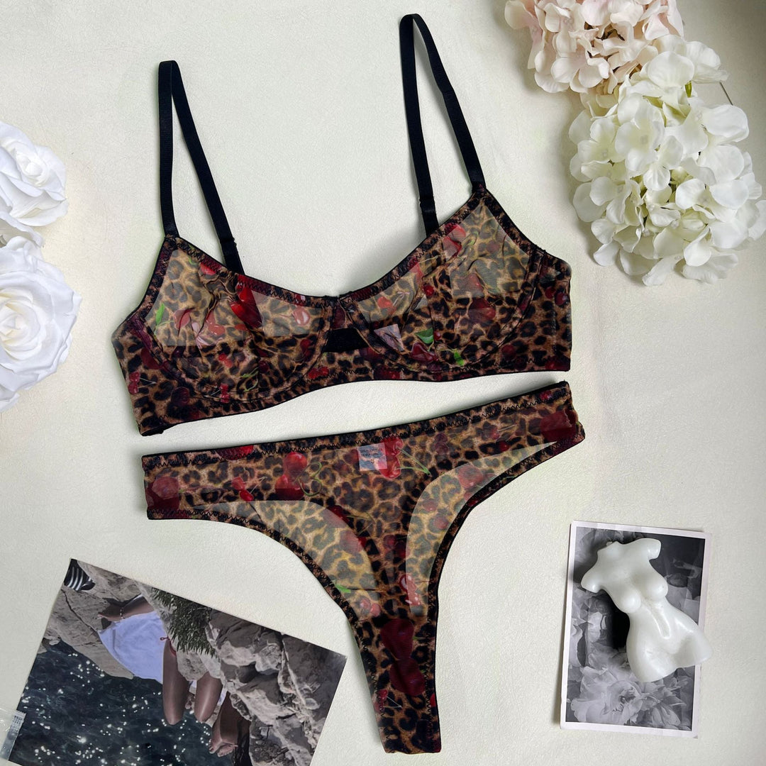 Sexy leopard print bra ultra-thin mesh set